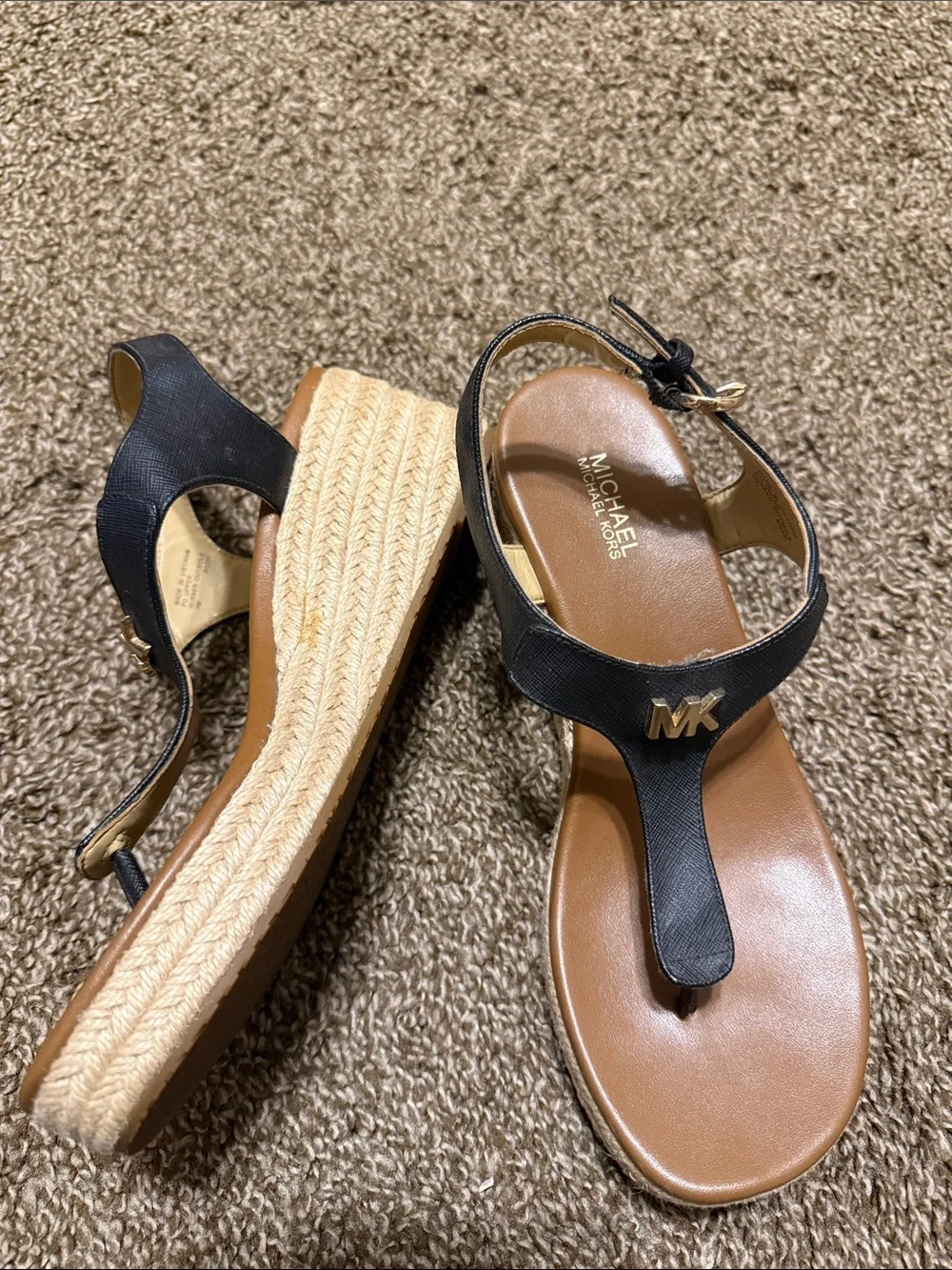 Michael Michael Kors Thong Wedge Espadrille Sandals MK Logo Black Espadrilles 7M